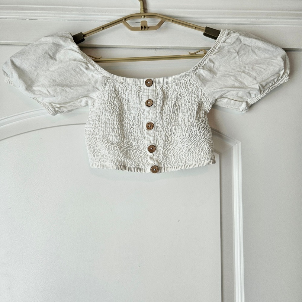 Simply Blessed Smocked Crop Top Womens Small White Linen Blend Festival Hippie